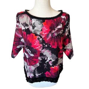 Anthropologie Women's Red and Black Weston Cropped Beaded Blouse Size Medium